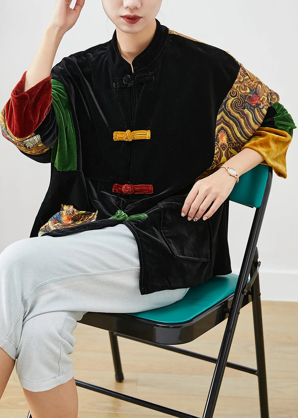 DIY Black Oversized Patchwork Chinese Button Silk Velour Coat Fall LY9829