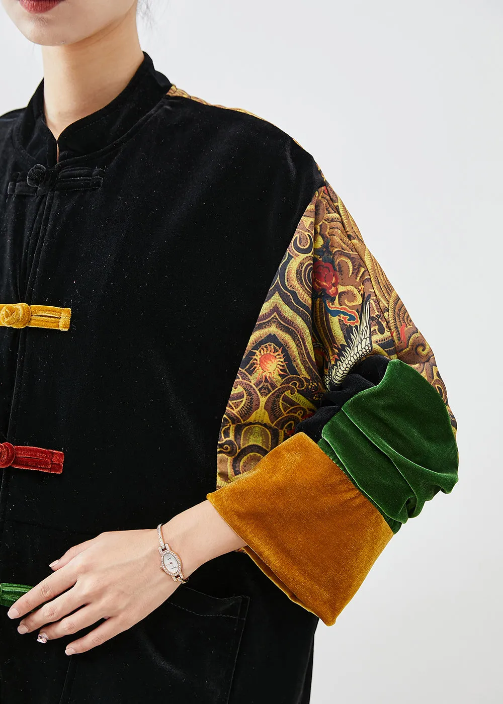 DIY Black Oversized Patchwork Chinese Button Silk Velour Coat Fall LY9829