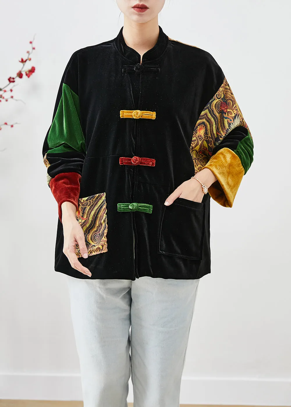 DIY Black Oversized Patchwork Chinese Button Silk Velour Coat Fall LY9829