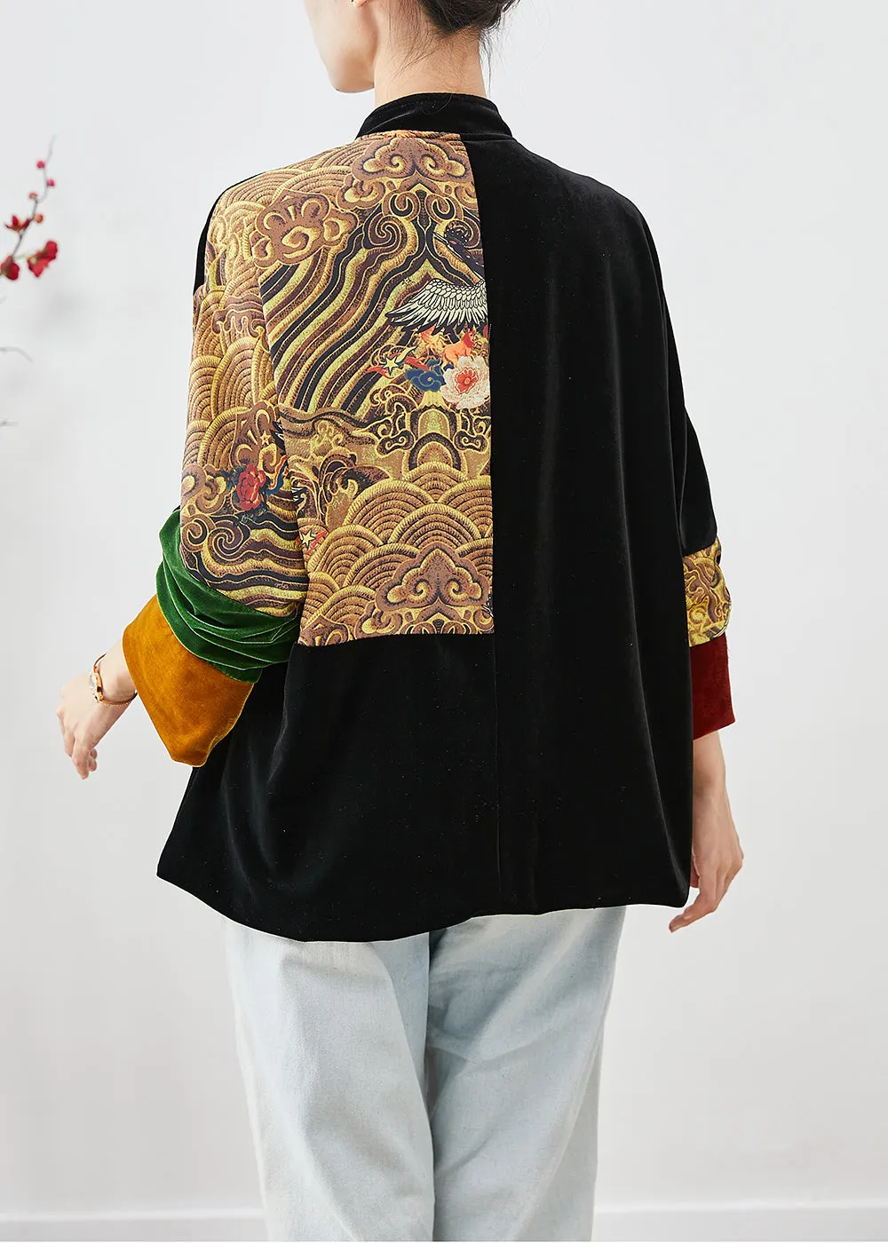 DIY Black Oversized Patchwork Chinese Button Silk Velour Coat Fall LY9829