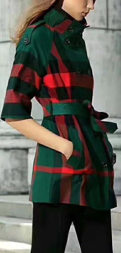Double-Breasted Short-Sleeve Check Print Jacket, Green