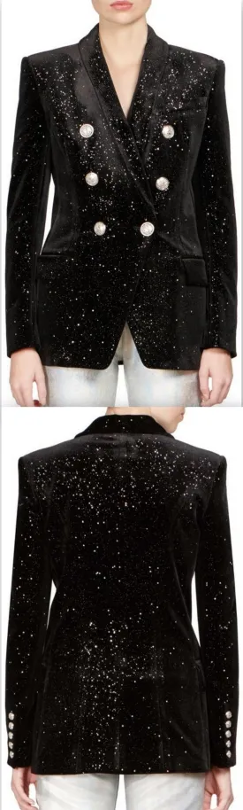 Double-Breasted Star-Glitter Velvet Blazer