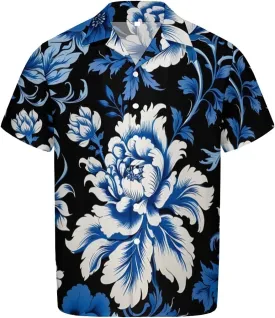Elegant Blue - White Blossom Pattern Cuban Collar Pocketless Beach Polo Shirts Short Sleeved Men's Shirt