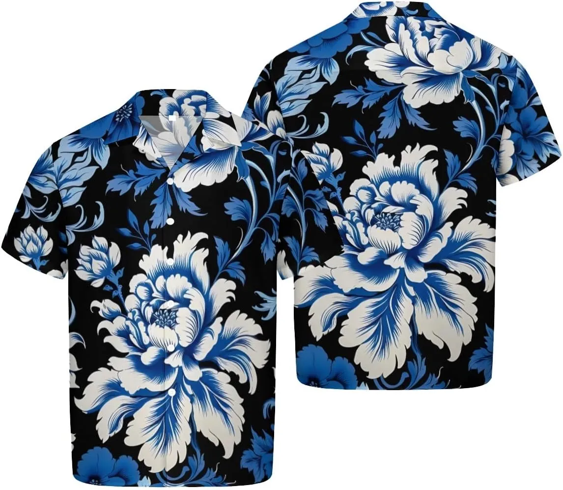 Elegant Blue - White Blossom Pattern Cuban Collar Pocketless Beach Polo Shirts Short Sleeved Men's Shirt