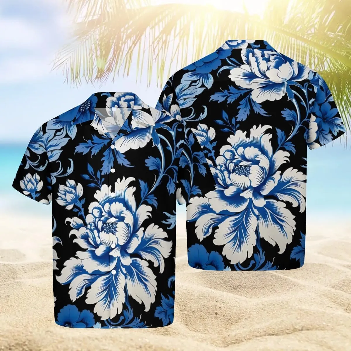 Elegant Blue - White Blossom Pattern Cuban Collar Pocketless Beach Polo Shirts Short Sleeved Men's Shirt