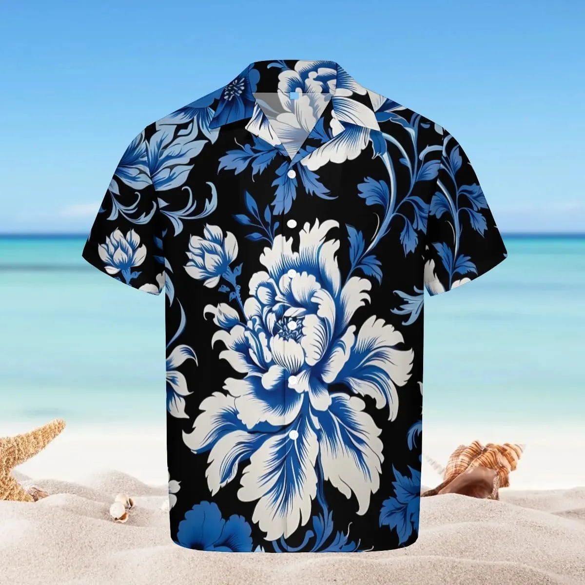 Elegant Blue - White Blossom Pattern Cuban Collar Pocketless Beach Polo Shirts Short Sleeved Men's Shirt