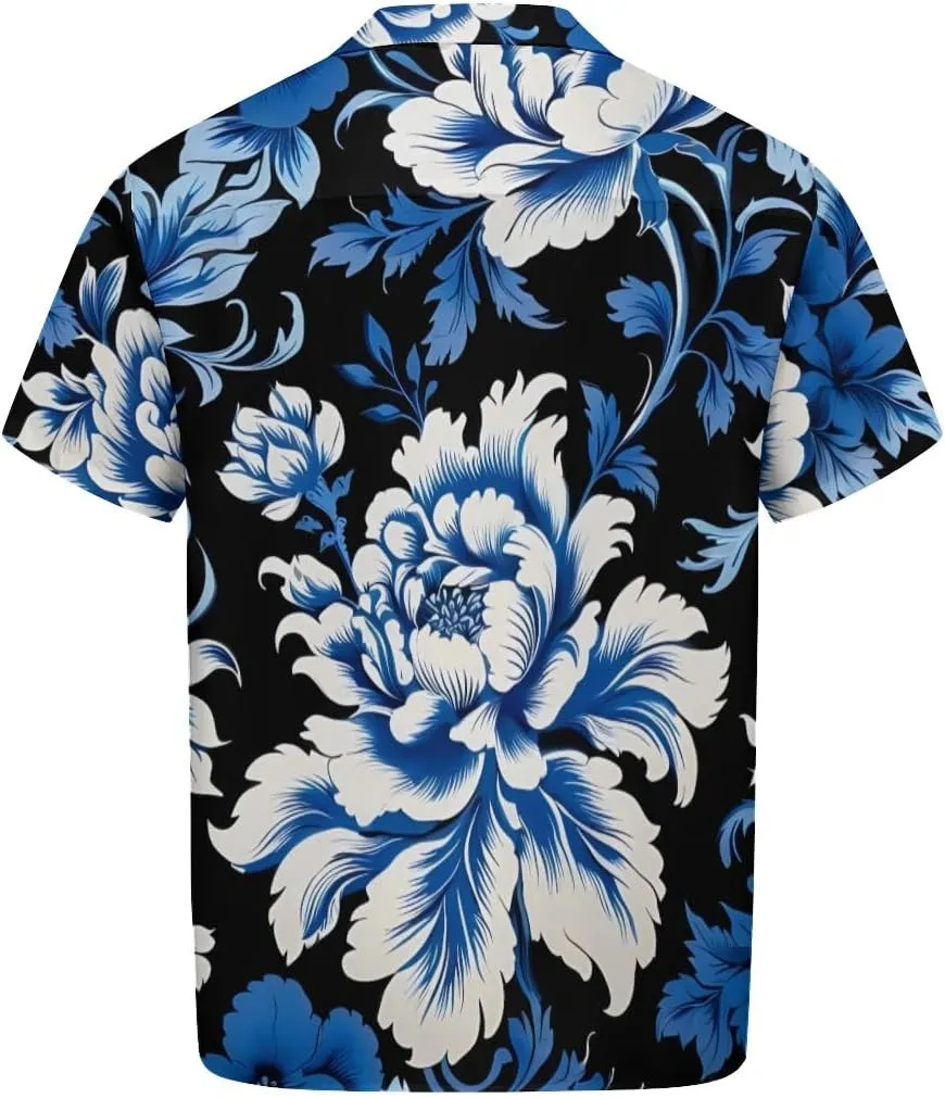 Elegant Blue - White Blossom Pattern Cuban Collar Pocketless Beach Polo Shirts Short Sleeved Men's Shirt