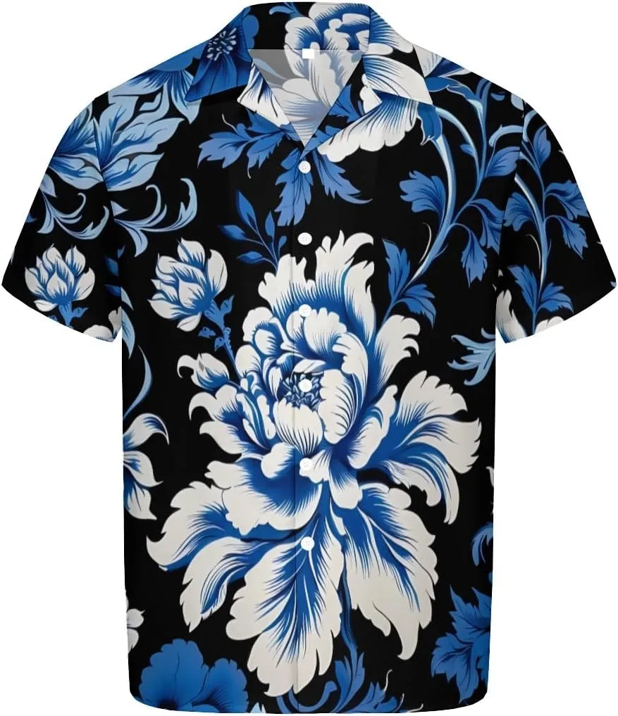 Elegant Blue - White Blossom Pattern Cuban Collar Pocketless Beach Polo Shirts Short Sleeved Men's Shirt