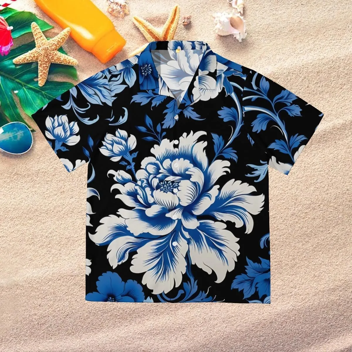 Elegant Blue - White Blossom Pattern Cuban Collar Pocketless Beach Polo Shirts Short Sleeved Men's Shirt