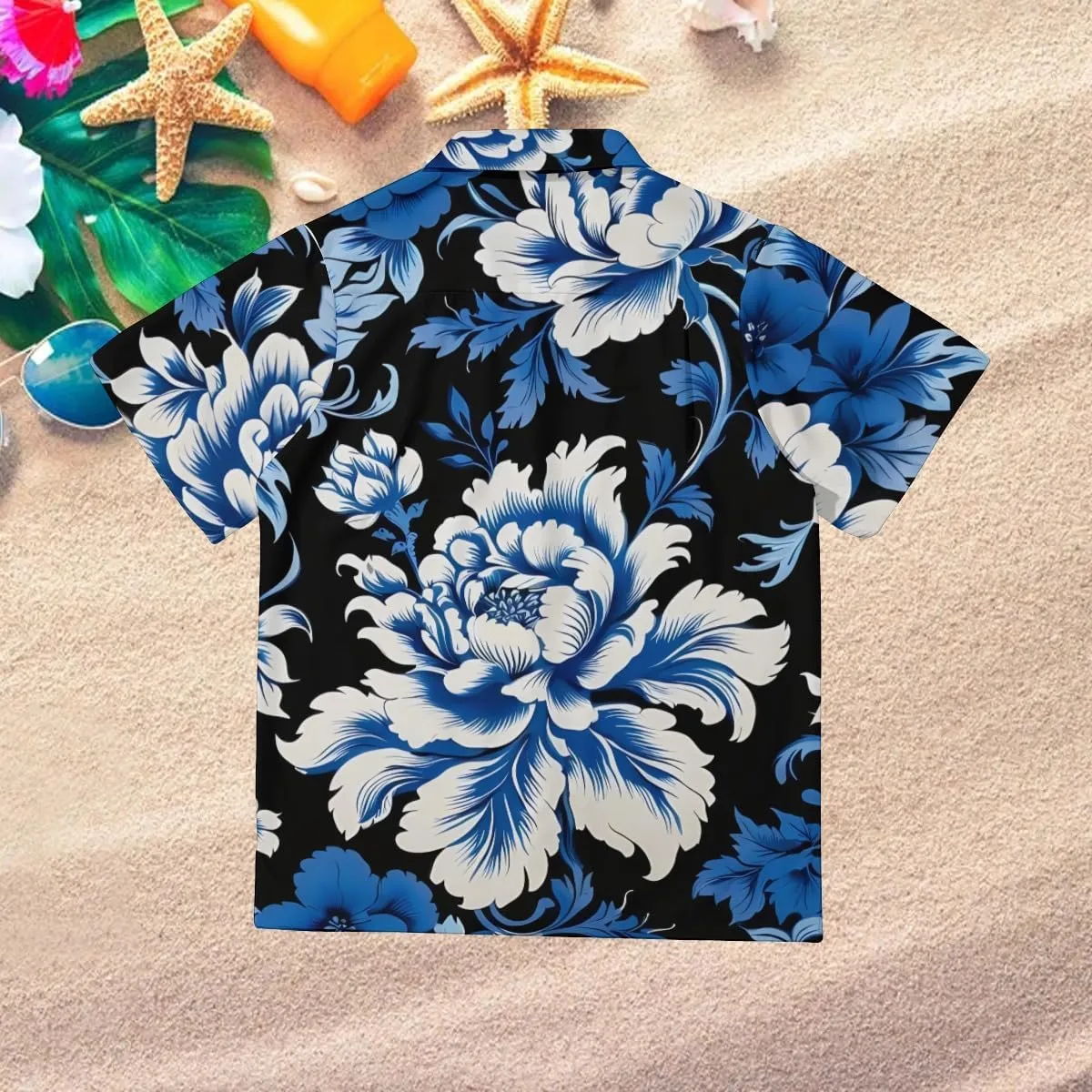 Elegant Blue - White Blossom Pattern Cuban Collar Pocketless Beach Polo Shirts Short Sleeved Men's Shirt