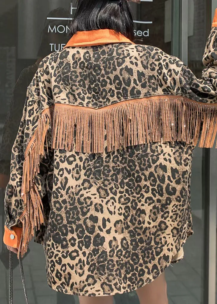 Fashion Yellow Tasseled Leopard Patchwork Denim Coat Spring LY5236