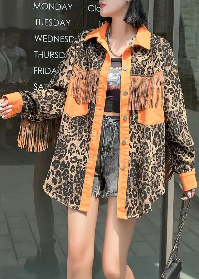 Fashion Yellow Tasseled Leopard Patchwork Denim Coat Spring LY5236