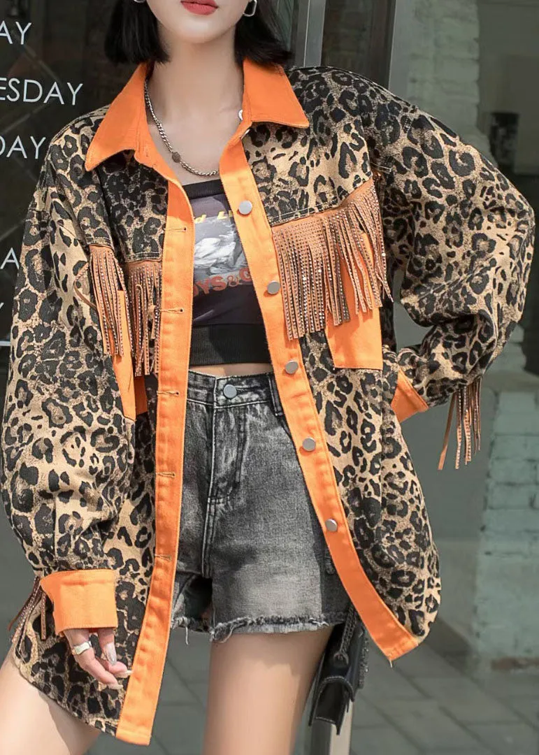 Fashion Yellow Tasseled Leopard Patchwork Denim Coat Spring LY5236