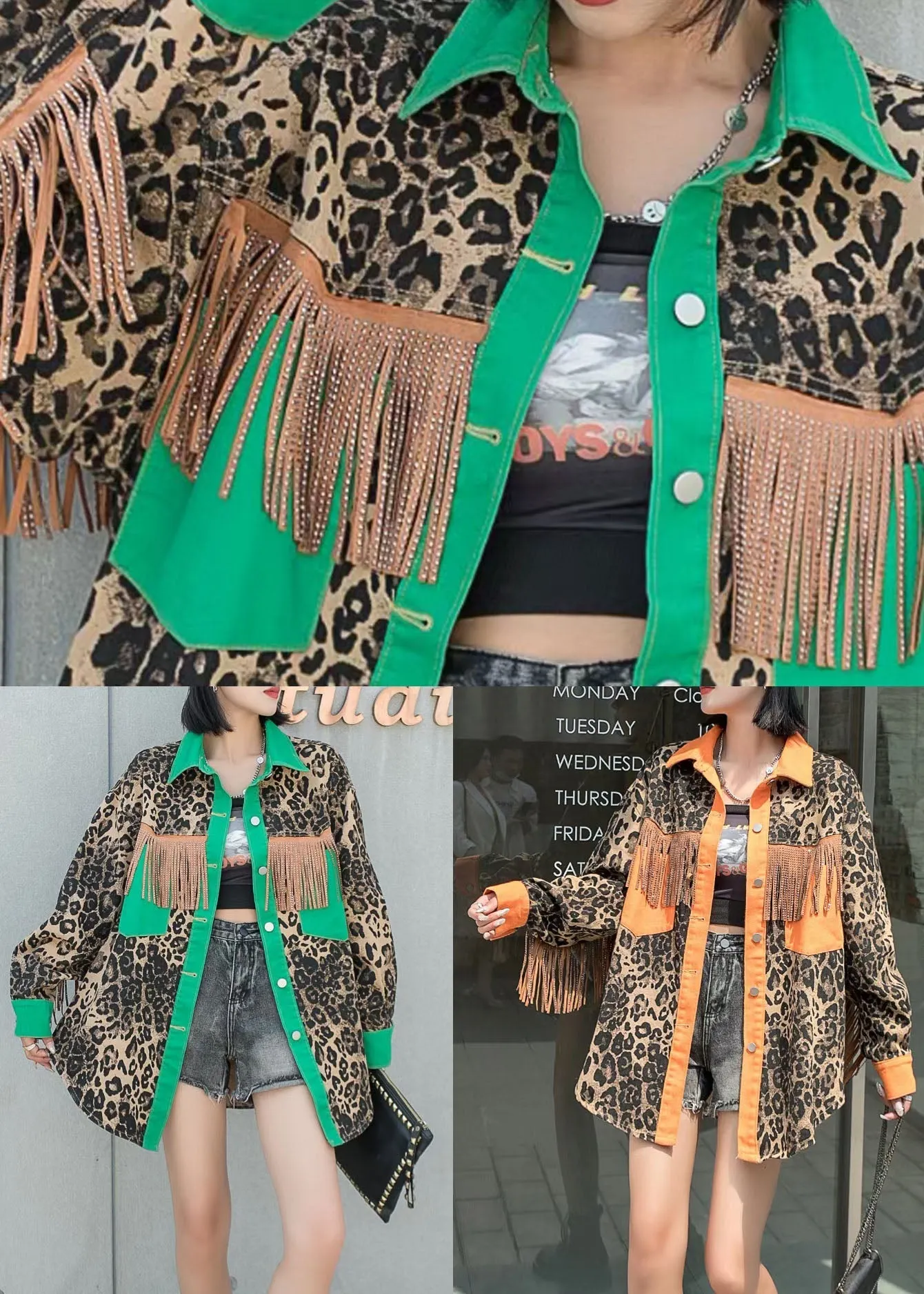 Fashion Yellow Tasseled Leopard Patchwork Denim Coat Spring LY5236
