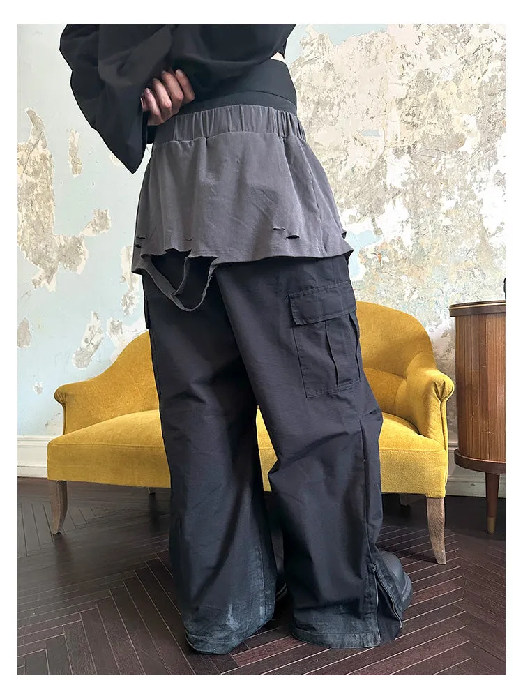 Faux two-piece multi-pocket casual pants