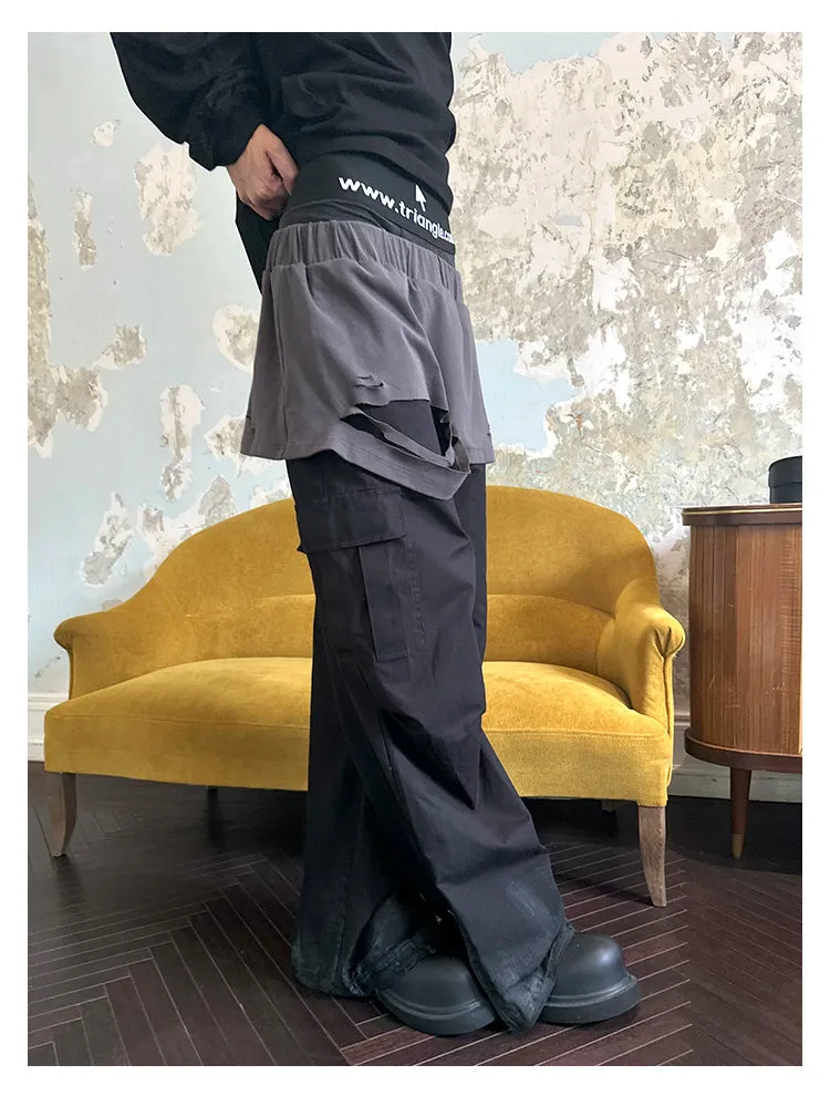 Faux two-piece multi-pocket casual pants