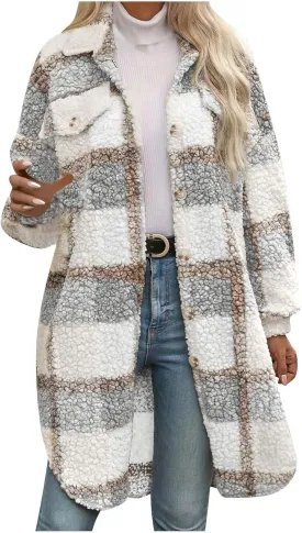 Fuzzy Fleece Jackets for Women Faux Shearling Shacket Jackets Trendy Long Sleeve Button Down Warm Winter Coat Outwear