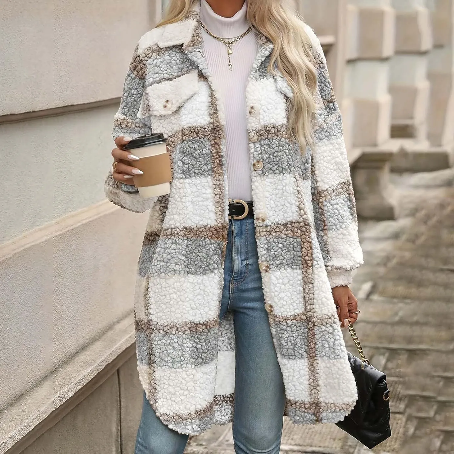 Fuzzy Fleece Jackets for Women Faux Shearling Shacket Jackets Trendy Long Sleeve Button Down Warm Winter Coat Outwear