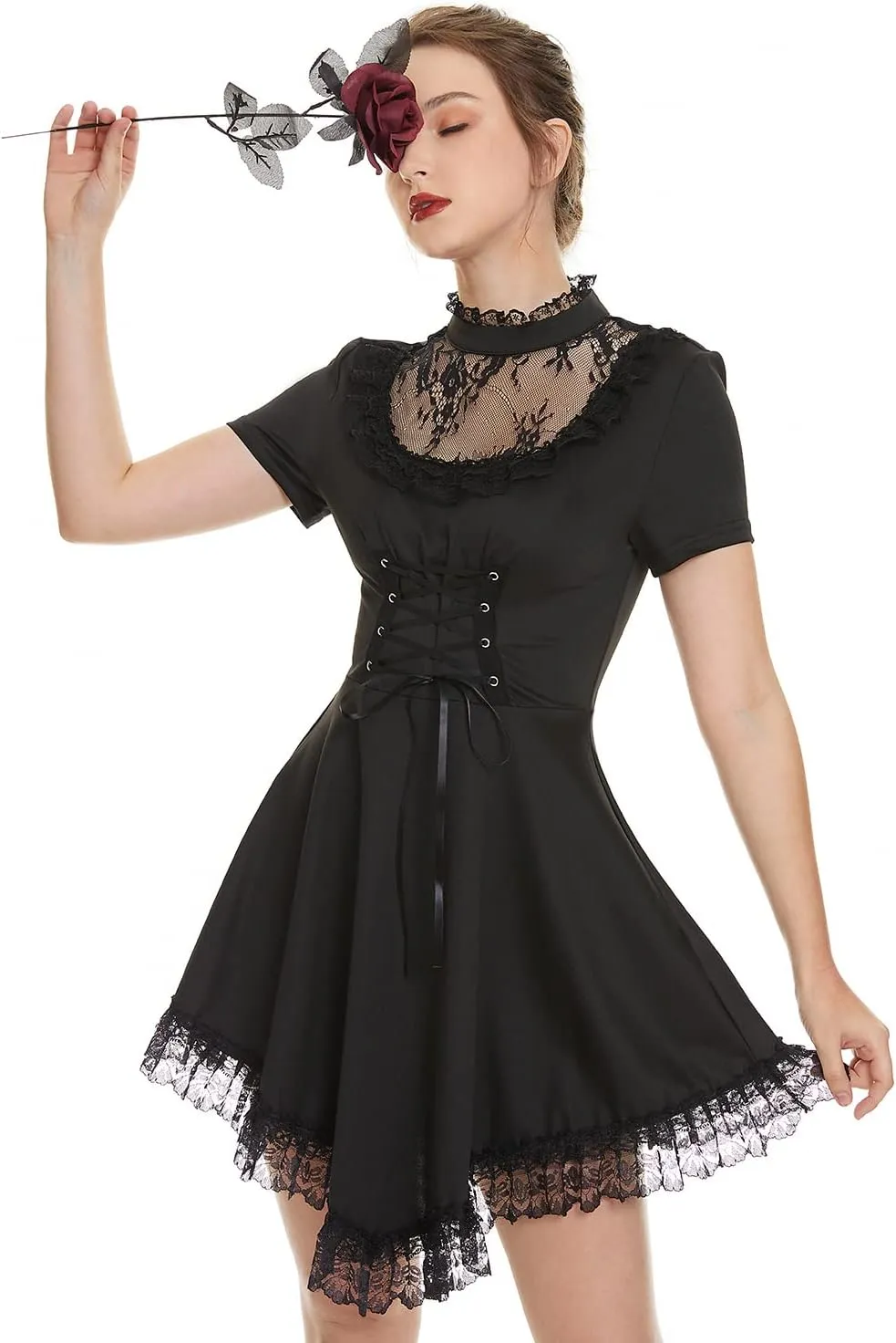 Gothic Dresses Vintage Grunge Lace-up Dress Classic Little Black Dress for Women Black Goth Dress