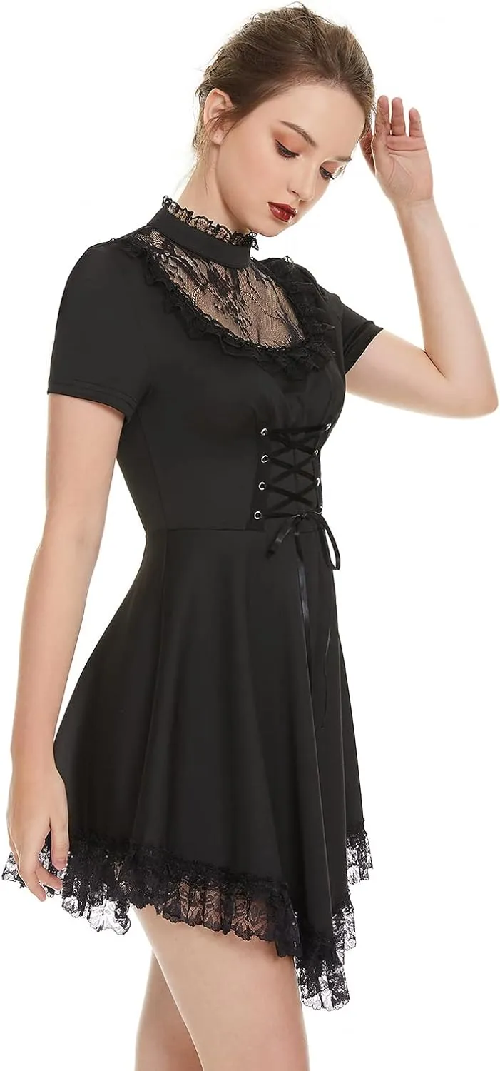 Gothic Dresses Vintage Grunge Lace-up Dress Classic Little Black Dress for Women Black Goth Dress