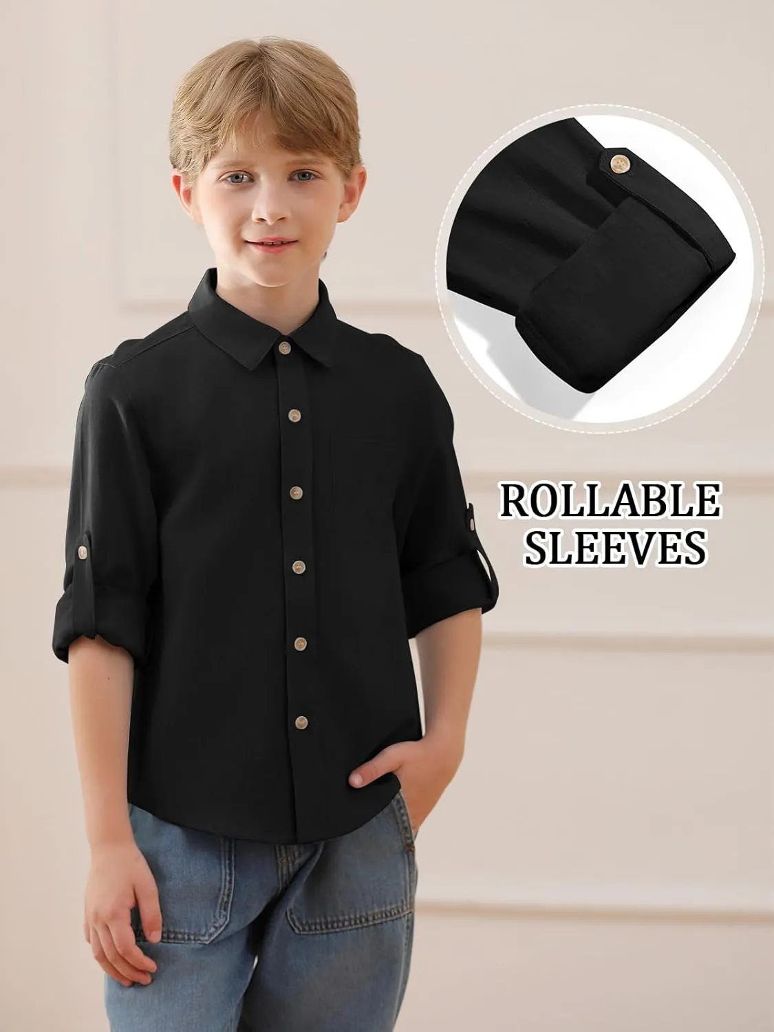 Haloumoning Boys Linen Button Down Dress Shirt Kids Long Sleeve Shirts Tops with Chest Pocket 5-14 Years
