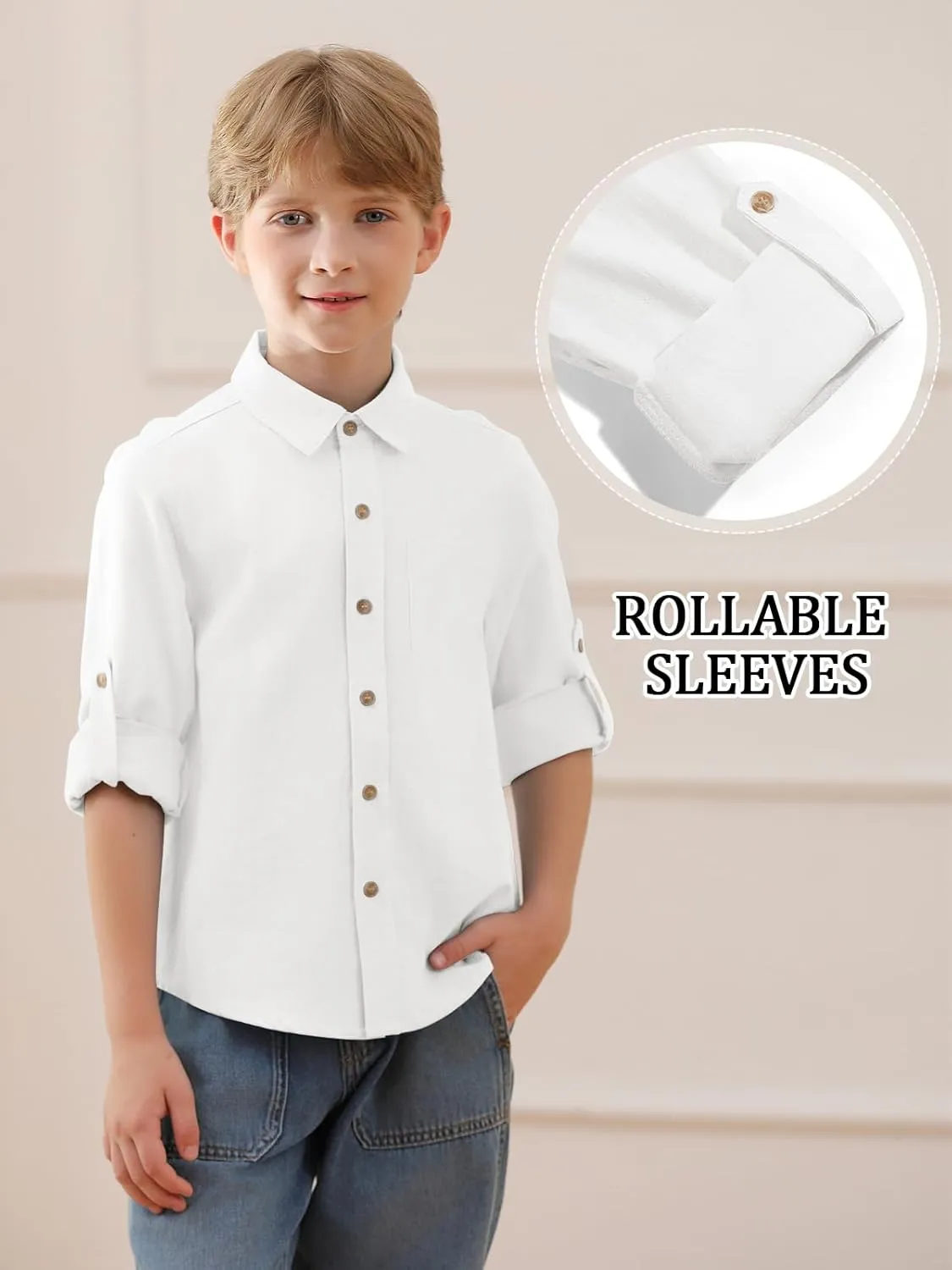 Haloumoning Boys Linen Button Down Dress Shirt Kids Long Sleeve Shirts Tops with Chest Pocket 5-14 Years