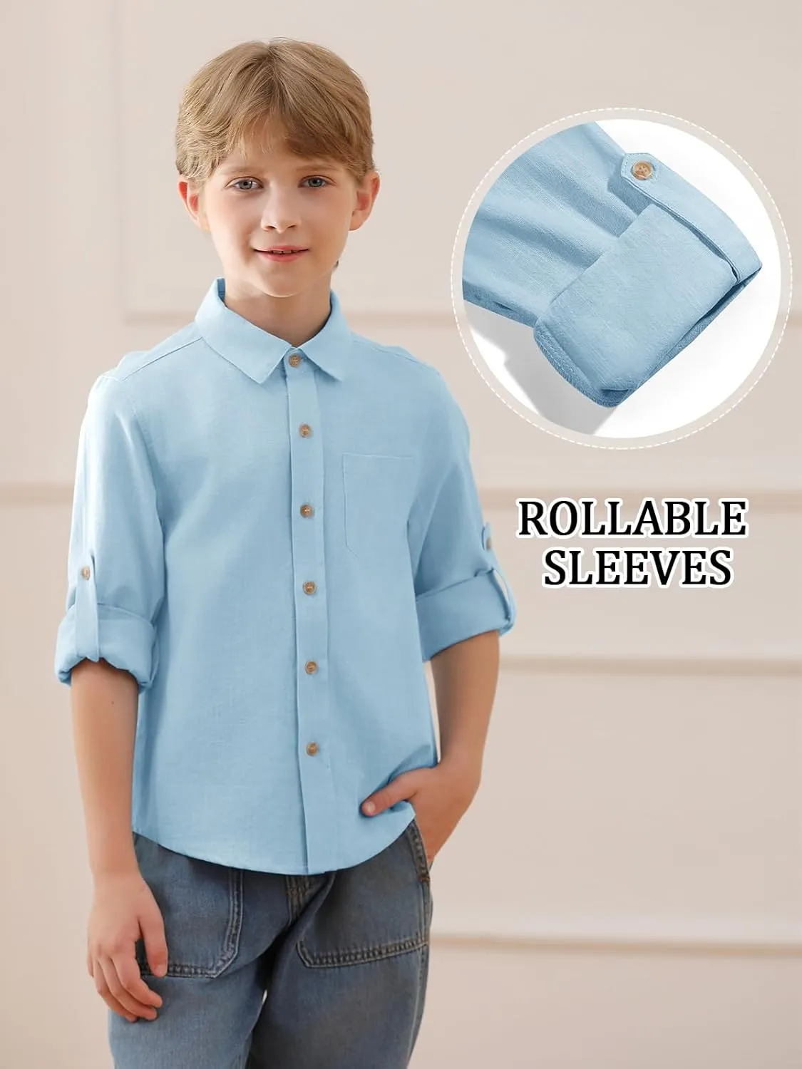 Haloumoning Boys Linen Button Down Dress Shirt Kids Long Sleeve Shirts Tops with Chest Pocket 5-14 Years