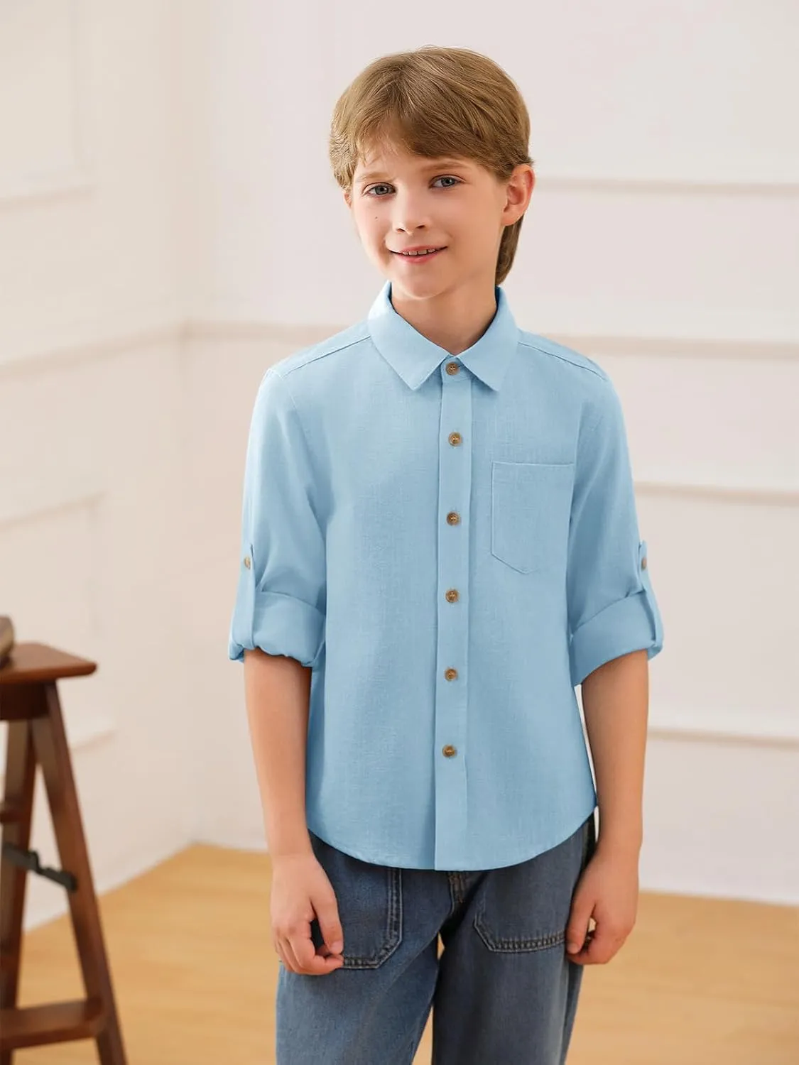 Haloumoning Boys Linen Button Down Dress Shirt Kids Long Sleeve Shirts Tops with Chest Pocket 5-14 Years