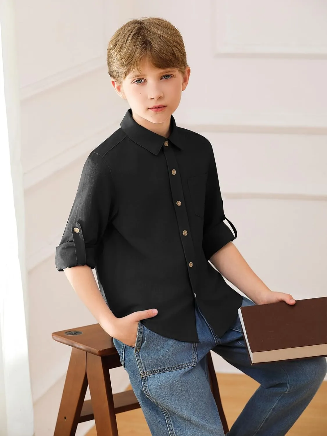 Haloumoning Boys Linen Button Down Dress Shirt Kids Long Sleeve Shirts Tops with Chest Pocket 5-14 Years
