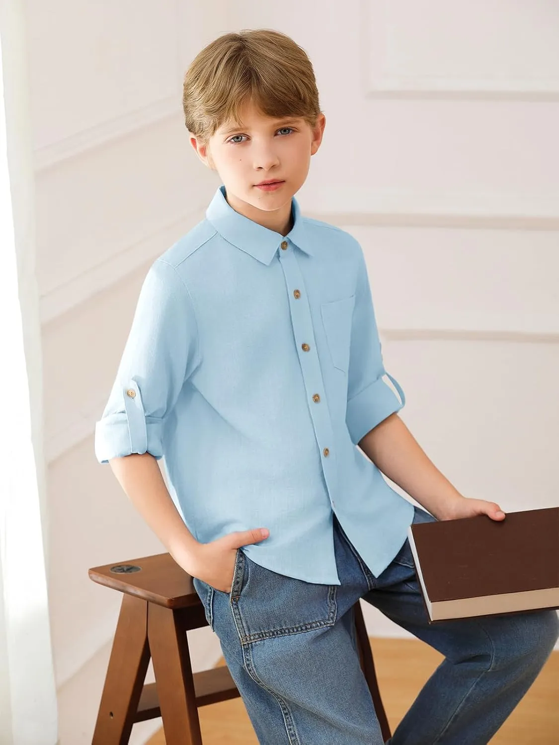 Haloumoning Boys Linen Button Down Dress Shirt Kids Long Sleeve Shirts Tops with Chest Pocket 5-14 Years