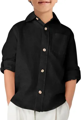 Haloumoning Boys Linen Button Down Dress Shirt Kids Long Sleeve Shirts Tops with Chest Pocket 5-14 Years