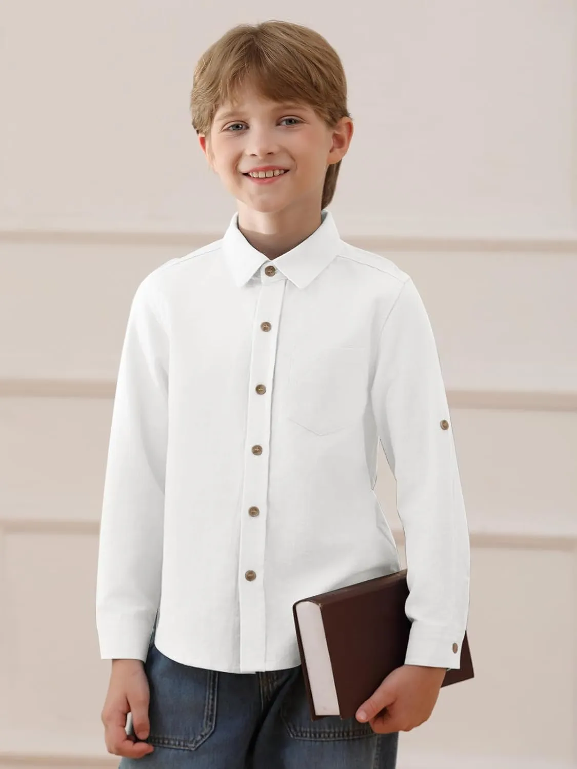 Haloumoning Boys Linen Button Down Dress Shirt Kids Long Sleeve Shirts Tops with Chest Pocket 5-14 Years