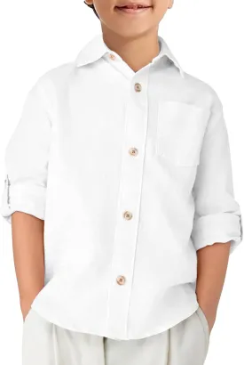 Haloumoning Boys Linen Button Down Dress Shirt Kids Long Sleeve Shirts Tops with Chest Pocket 5-14 Years