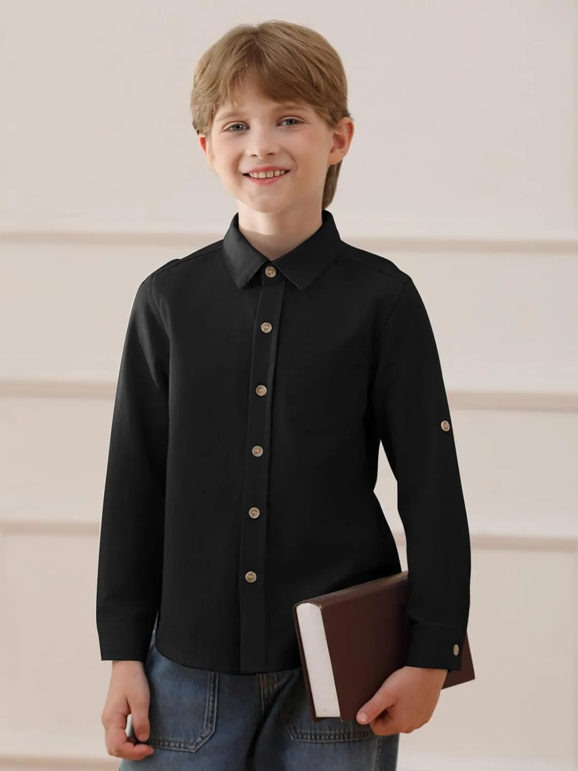 Haloumoning Boys Linen Button Down Dress Shirt Kids Long Sleeve Shirts Tops with Chest Pocket 5-14 Years