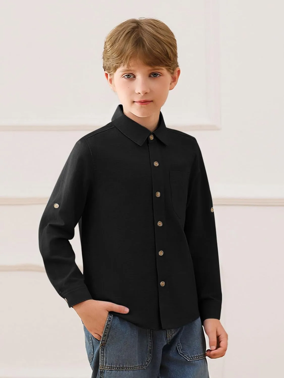 Haloumoning Boys Linen Button Down Dress Shirt Kids Long Sleeve Shirts Tops with Chest Pocket 5-14 Years