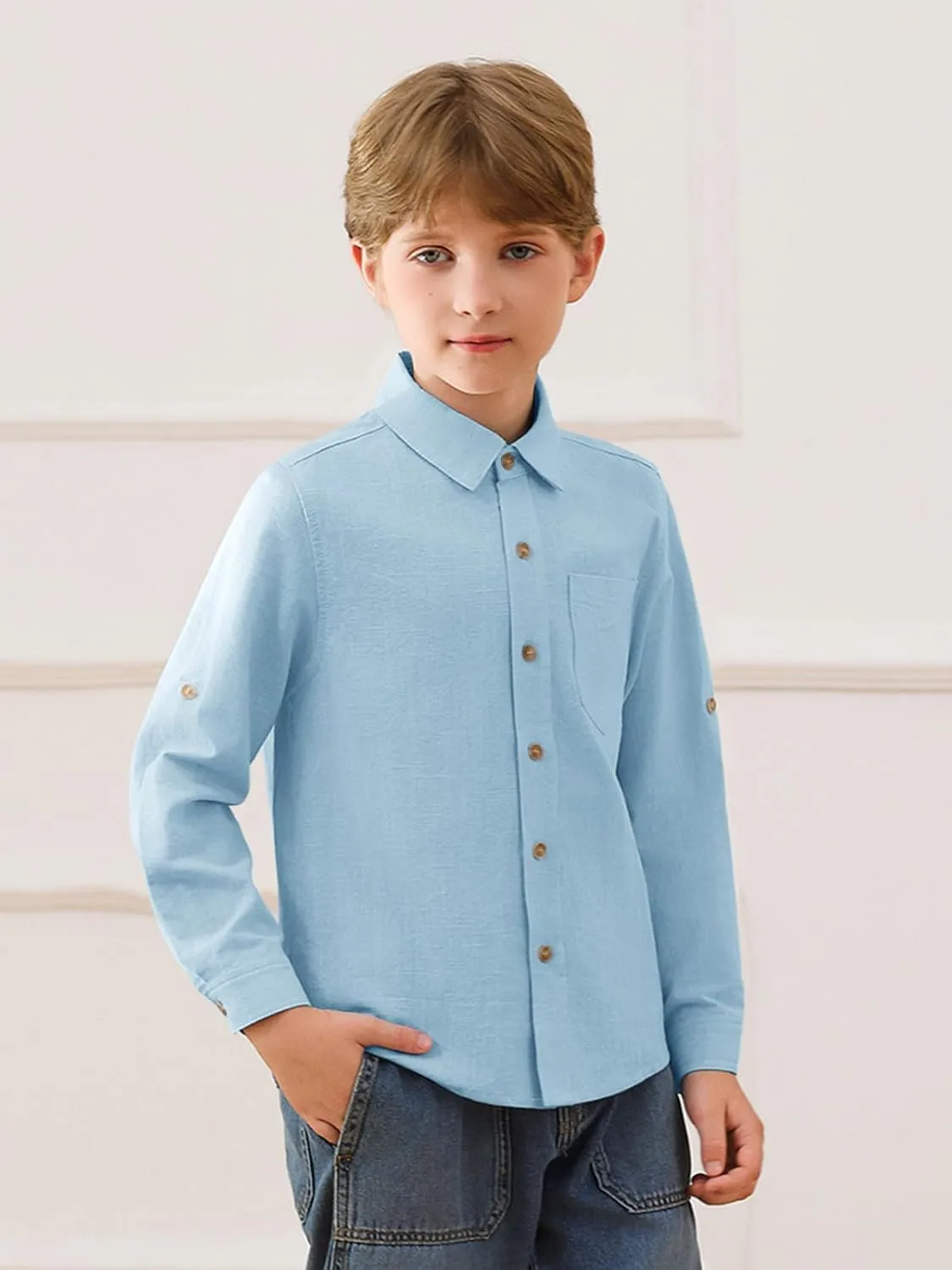 Haloumoning Boys Linen Button Down Dress Shirt Kids Long Sleeve Shirts Tops with Chest Pocket 5-14 Years