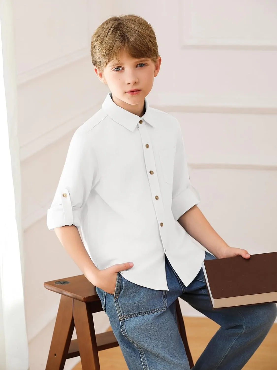 Haloumoning Boys Linen Button Down Dress Shirt Kids Long Sleeve Shirts Tops with Chest Pocket 5-14 Years