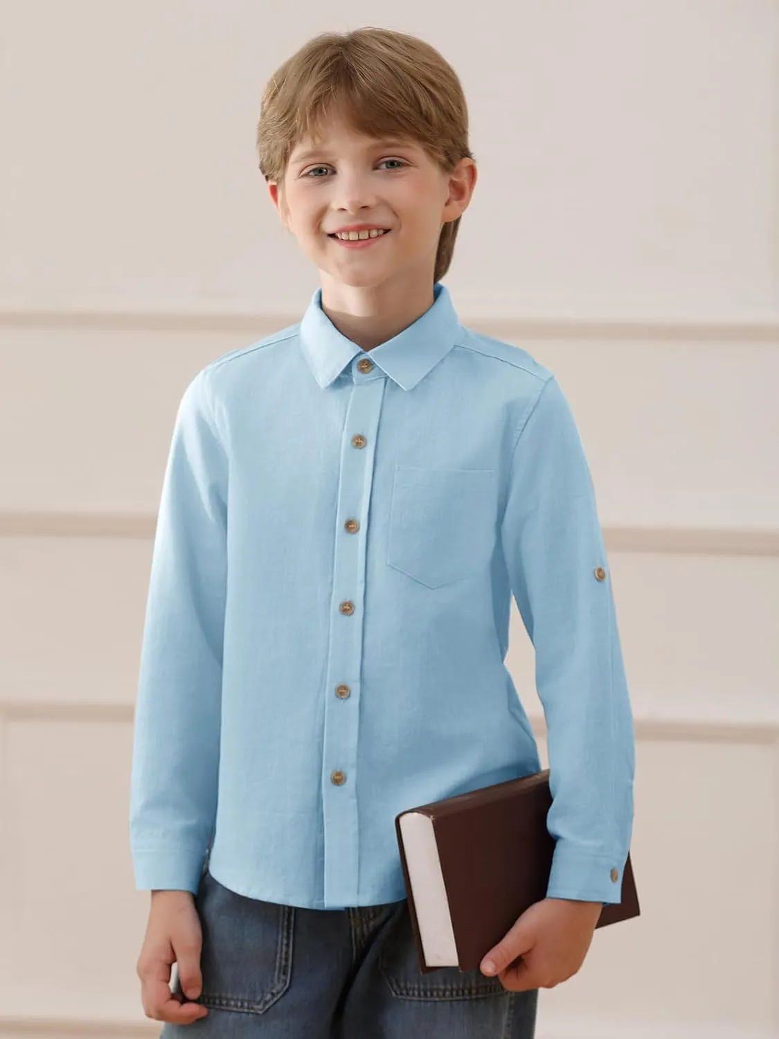 Haloumoning Boys Linen Button Down Dress Shirt Kids Long Sleeve Shirts Tops with Chest Pocket 5-14 Years