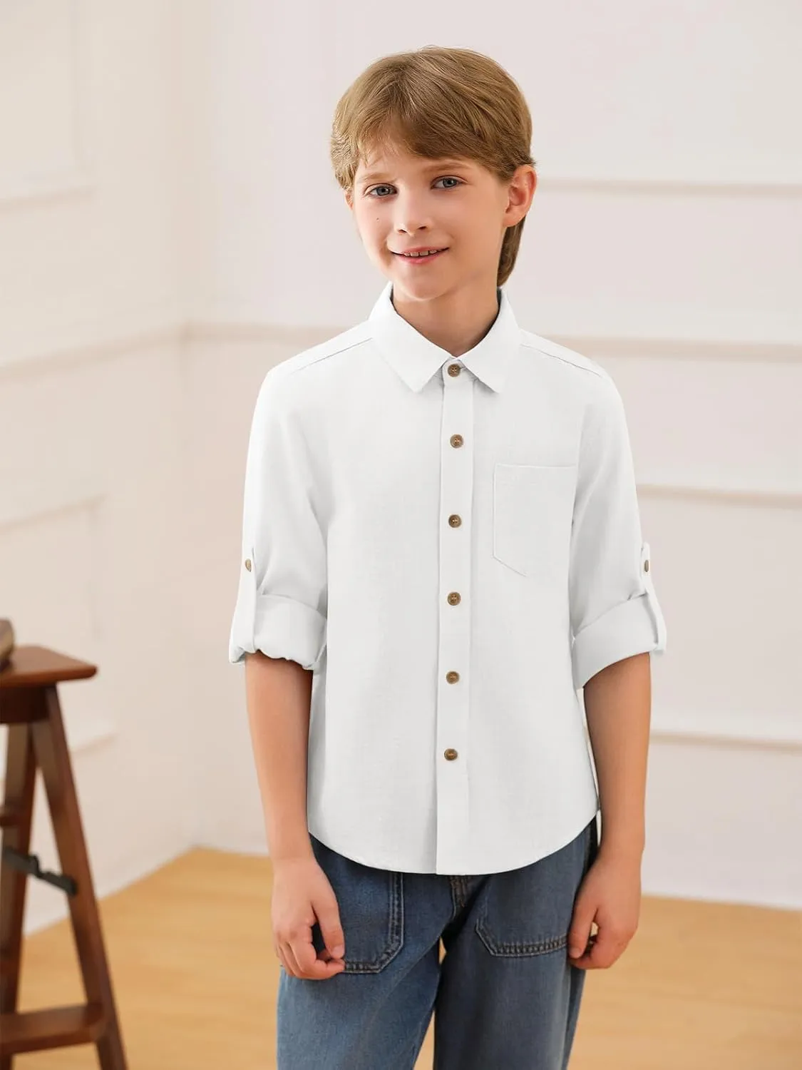 Haloumoning Boys Linen Button Down Dress Shirt Kids Long Sleeve Shirts Tops with Chest Pocket 5-14 Years