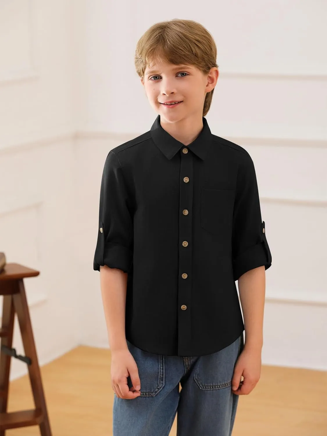 Haloumoning Boys Linen Button Down Dress Shirt Kids Long Sleeve Shirts Tops with Chest Pocket 5-14 Years
