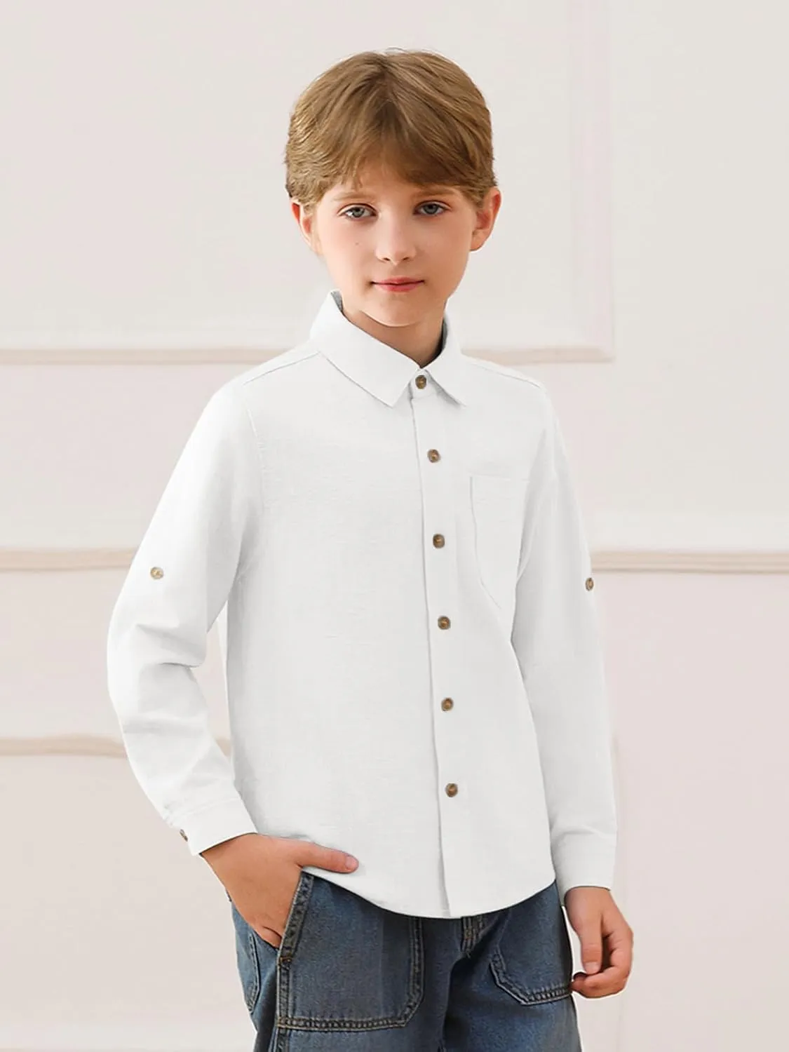 Haloumoning Boys Linen Button Down Dress Shirt Kids Long Sleeve Shirts Tops with Chest Pocket 5-14 Years
