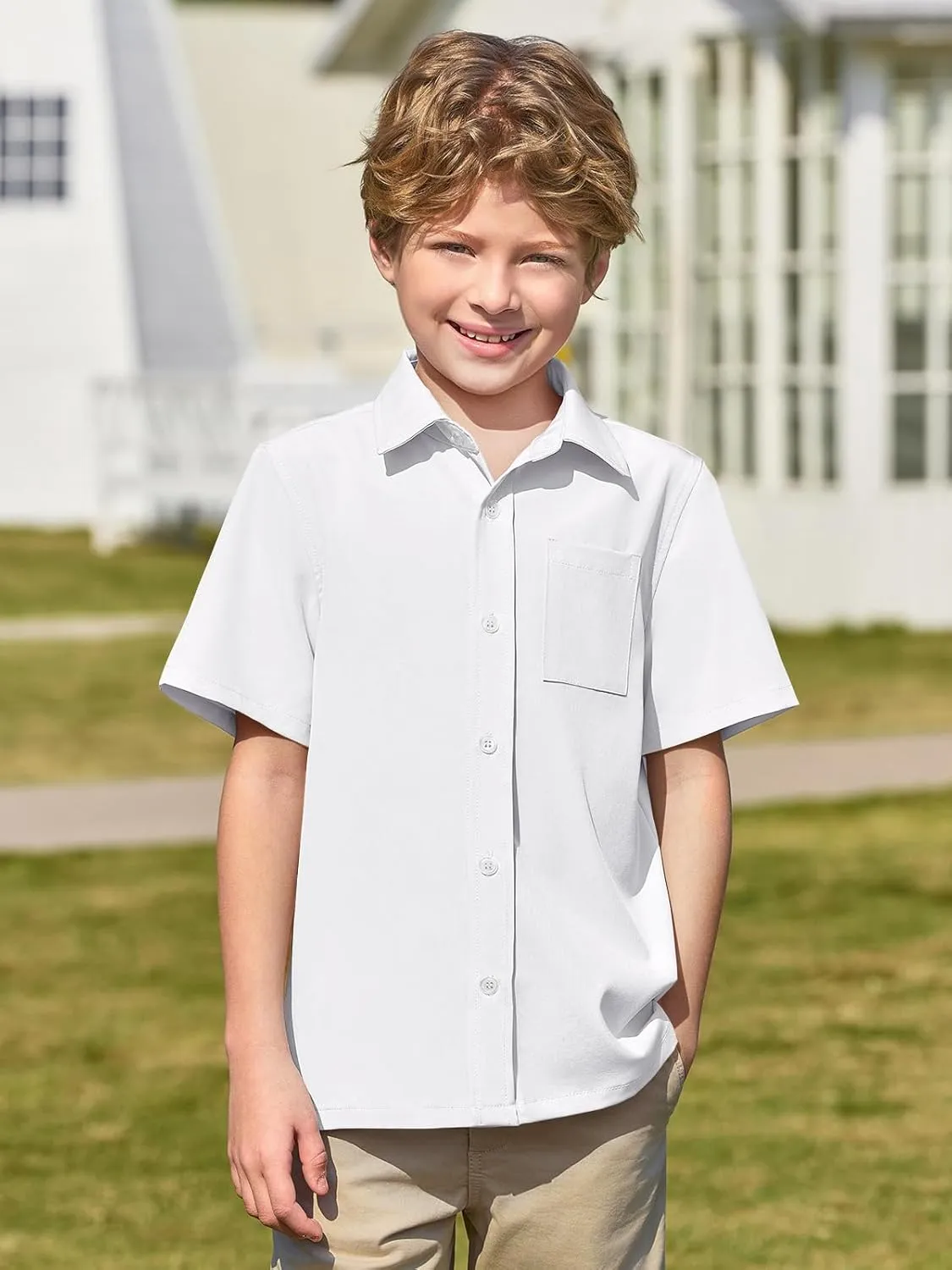 Haloumoning Boys Short Sleeve Button Down Shirt Kids Dress Shirts Formal Uniform Shirt with Pocket 5-14 Years