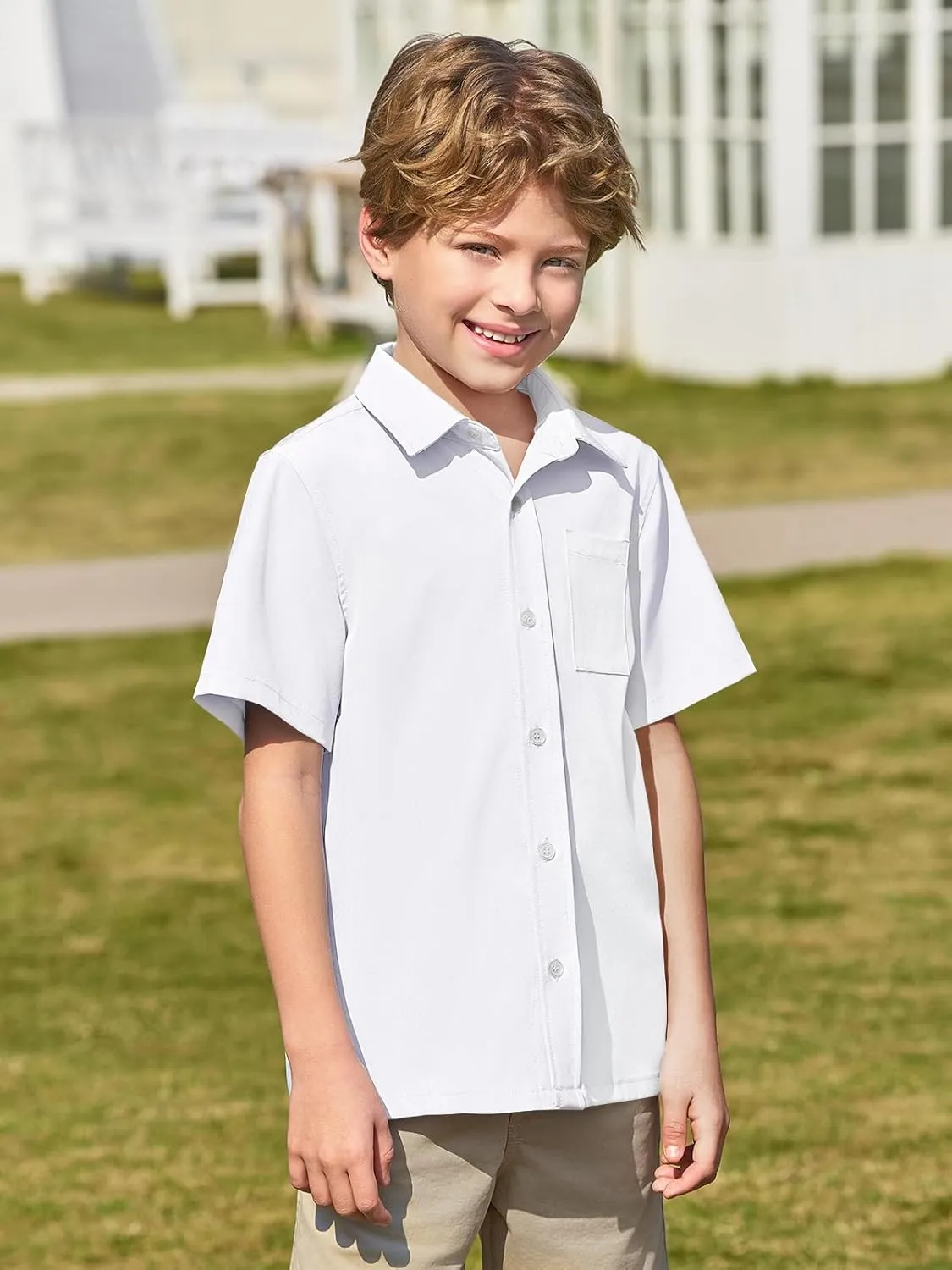 Haloumoning Boys Short Sleeve Button Down Shirt Kids Dress Shirts Formal Uniform Shirt with Pocket 5-14 Years