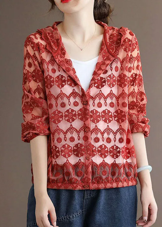 Handmade Red Embroideried Patchwork Cotton Hooded Coat Long Sleeve LY6243
