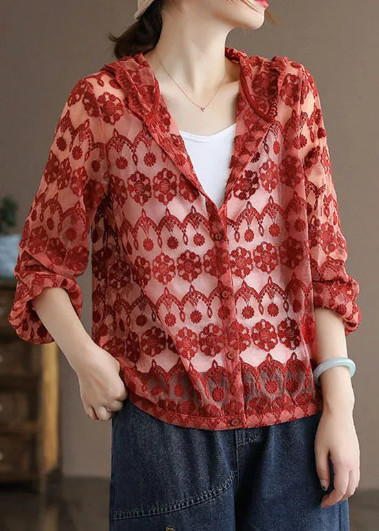 Handmade Red Embroideried Patchwork Cotton Hooded Coat Long Sleeve LY6243