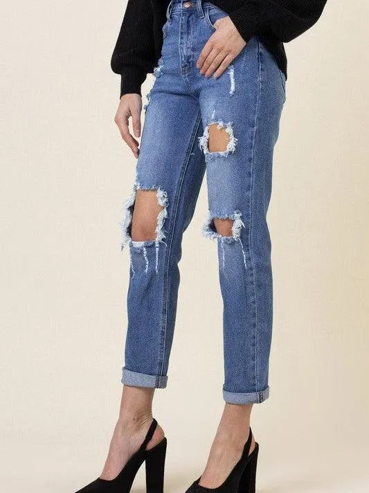High Waisted Distressed Boyfriend Jeans