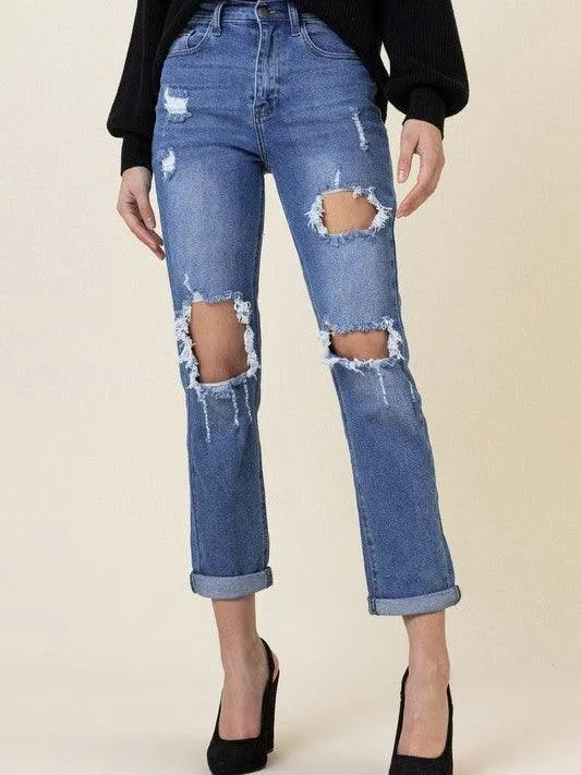 High Waisted Distressed Boyfriend Jeans