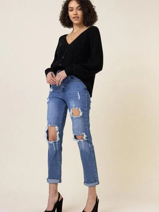 High Waisted Distressed Boyfriend Jeans