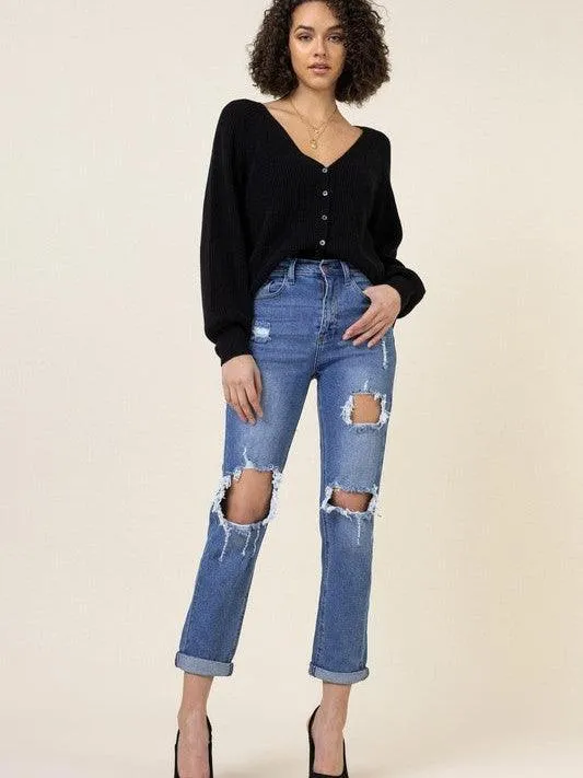 High Waisted Distressed Boyfriend Jeans