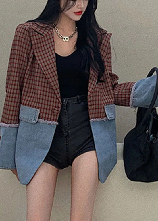 Italian Notched Plaid Patchwork Coat Long Sleeve ML2193
